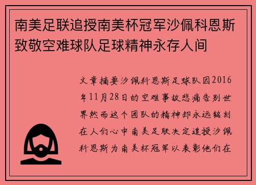南美足联追授南美杯冠军沙佩科恩斯致敬空难球队足球精神永存人间